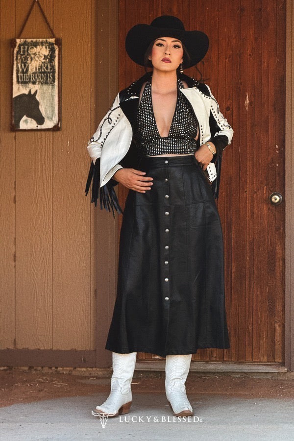 Faux Leather Concho Button-Down Western Skirt