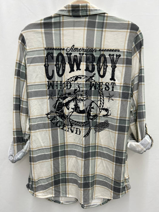 Plaid shirt with cowboy graphic and text on a white background