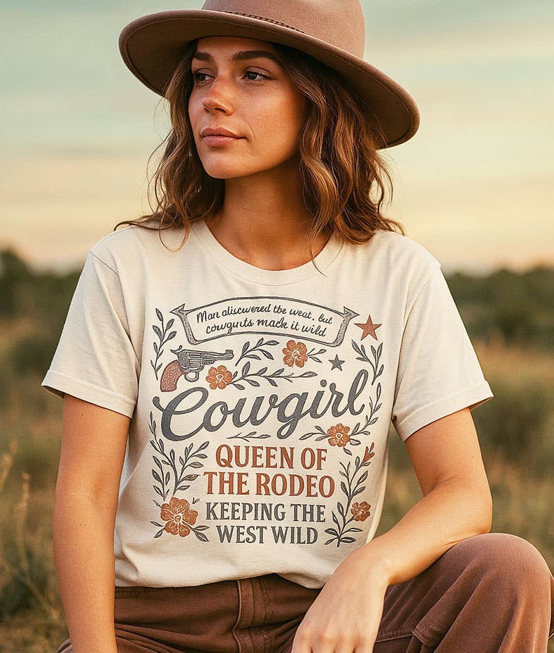 Woman wearing a 'Cowgirl Queen of the Rodeo' t-shirt in a field.
