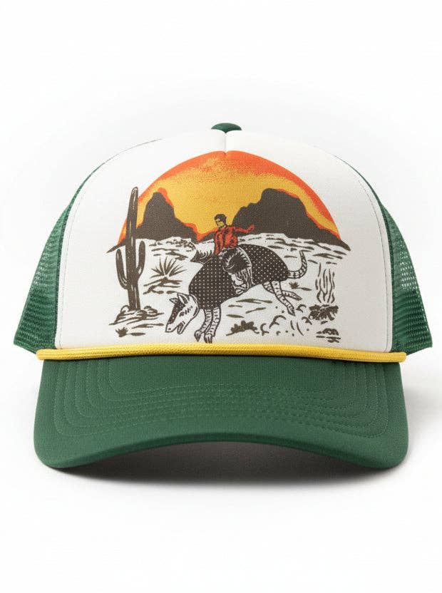 Trucker hat with a desert scene design featuring a rider on a horse, cactus, and sunset.