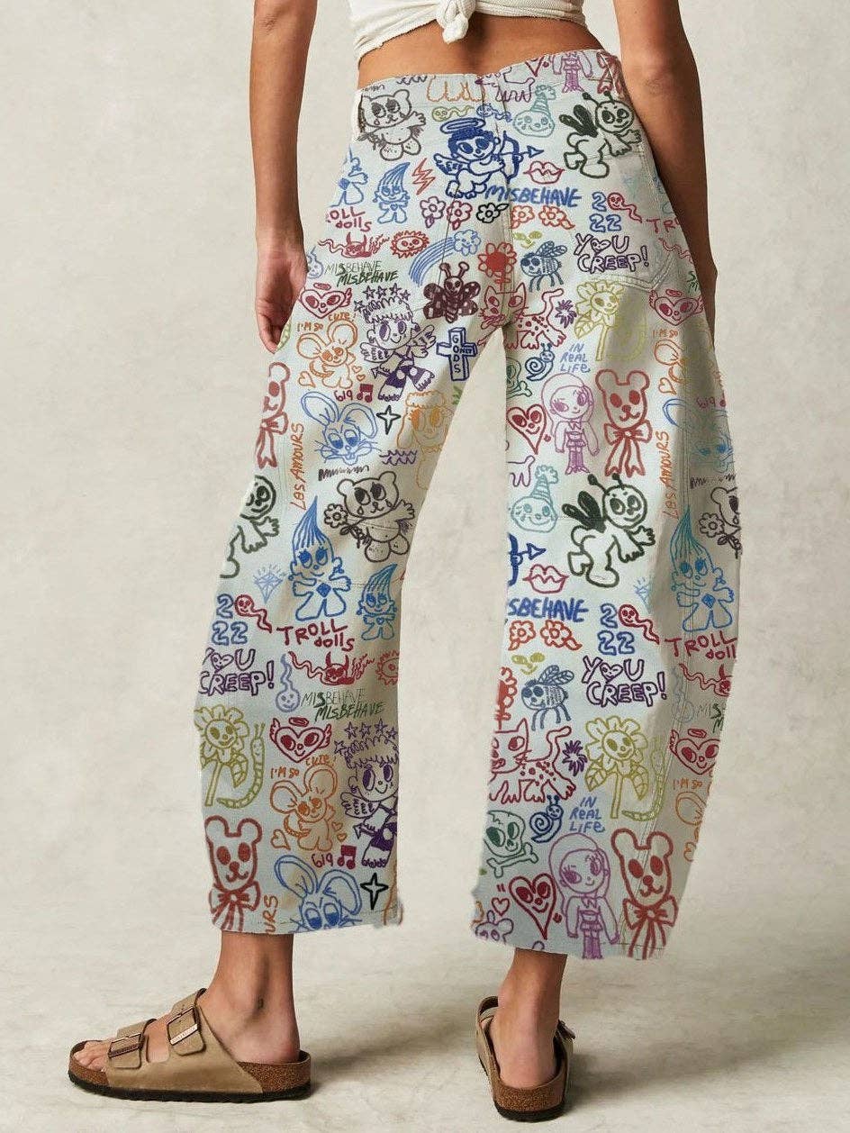 Love Heart Print Loose Midi Waist Jeans