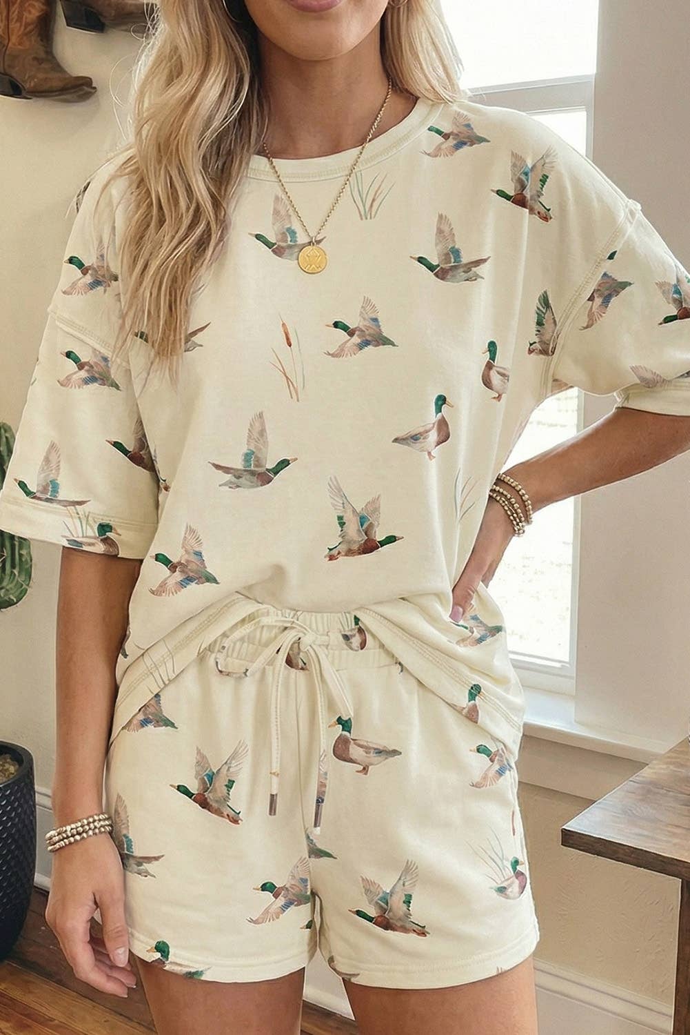Mallard Duck Print Oversized Tee Drawstring Short Set