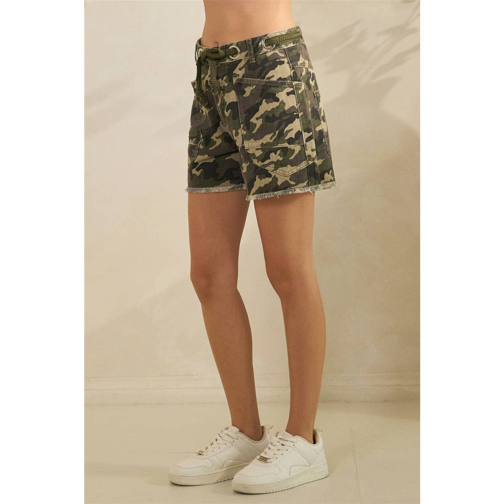 Printed Denim Shorts with Drawcord Waist Detail