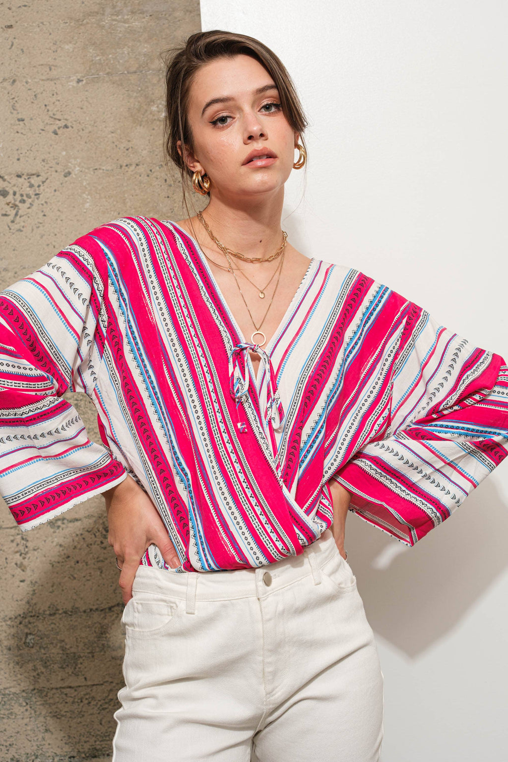 Stripe Wrap Tie Lace Bodysuit