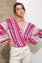 Stripe Wrap Tie Lace Bodysuit
