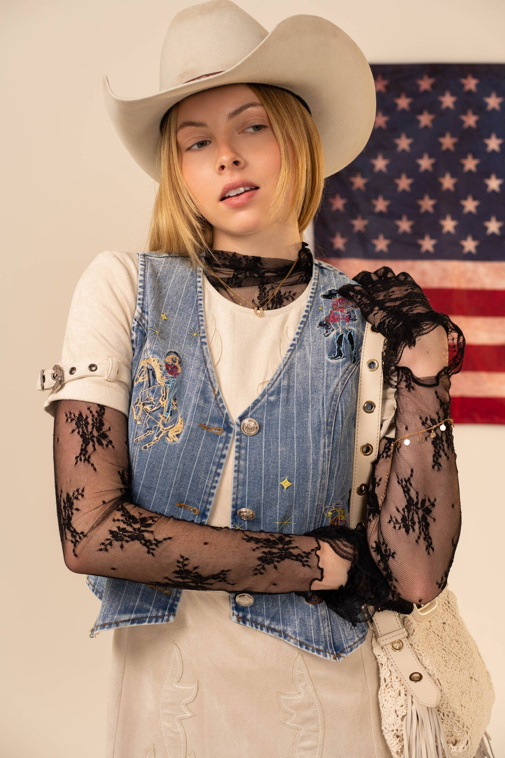 Pinstripe Embroidered Denim Crop Vest