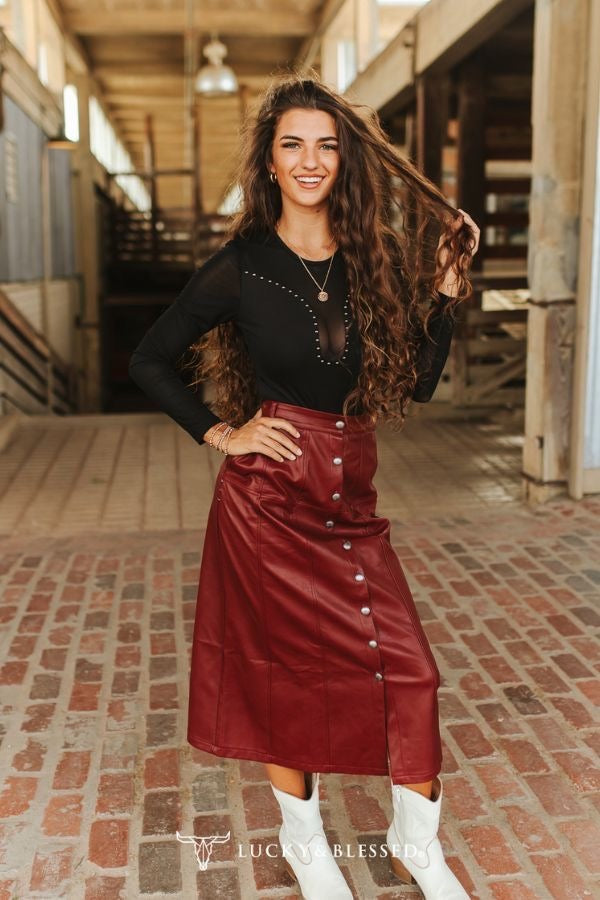 Faux Leather Concho Button-Down Western Skirt