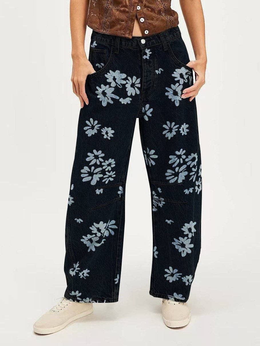 Love Heart Print Loose Midi Waist Jeans