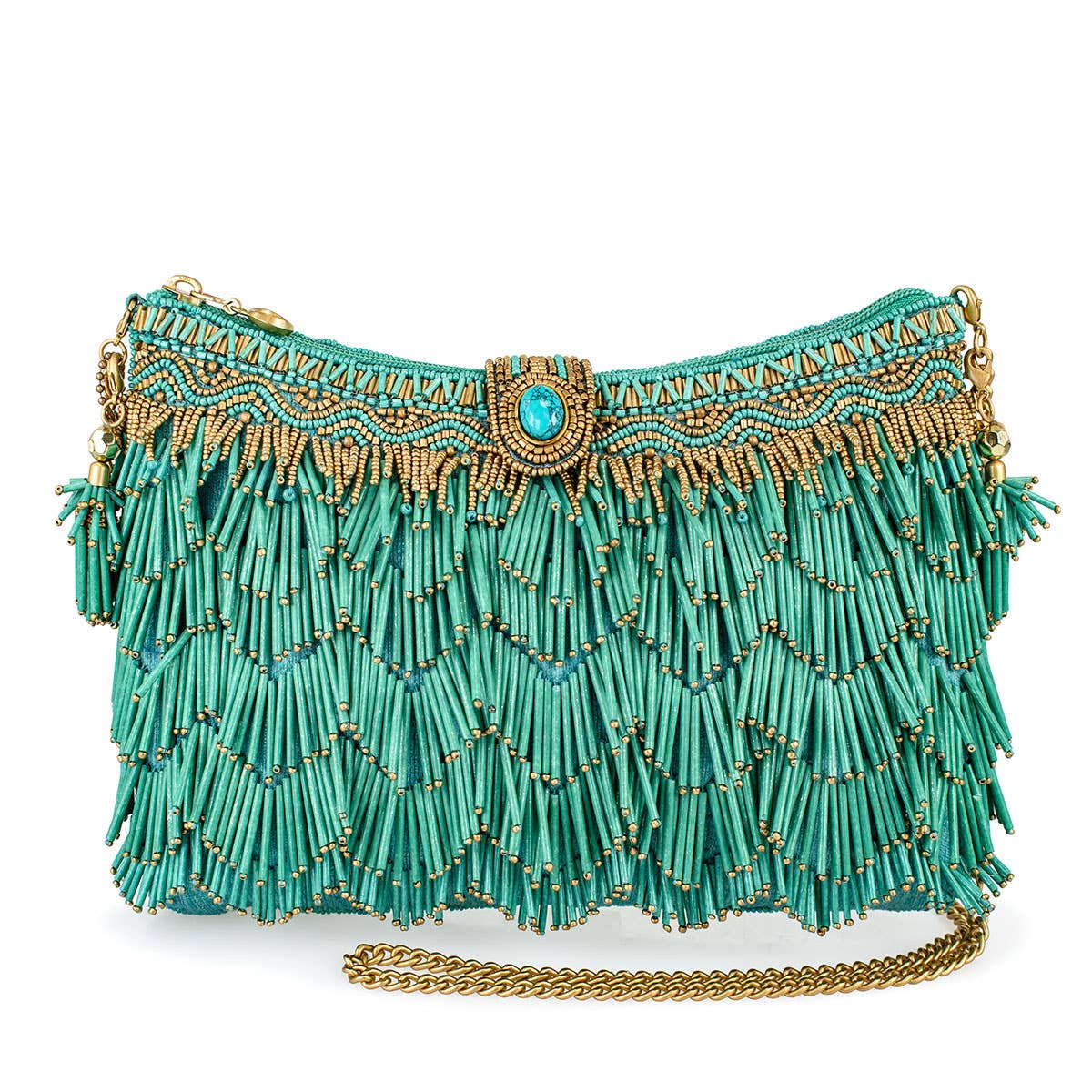 Turquoise beaded handbag with gold chain on a white background
