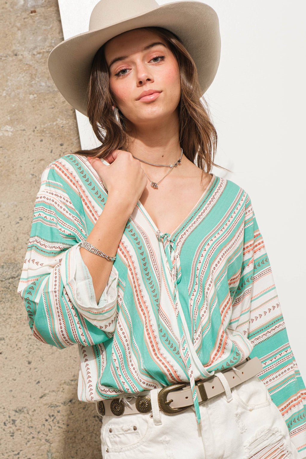 Stripe Wrap Tie Lace Bodysuit