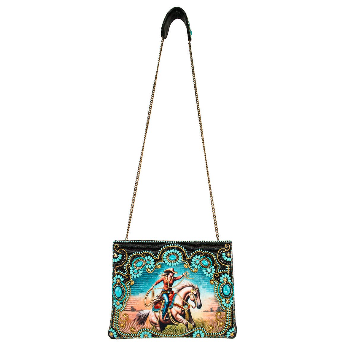 Handbag with a cowboy on horseback design on a white background