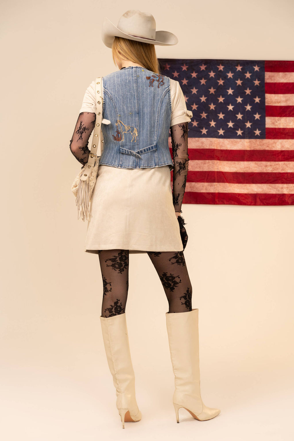 Pinstripe Embroidered Denim Crop Vest