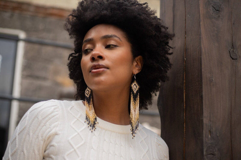 Midnight Oil - Elegant Beaded Earrings in Black and Gold