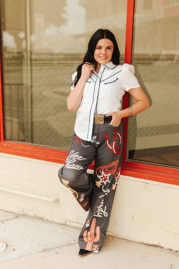 Charcoal Western Printed Howdy Wide Leg Jeans