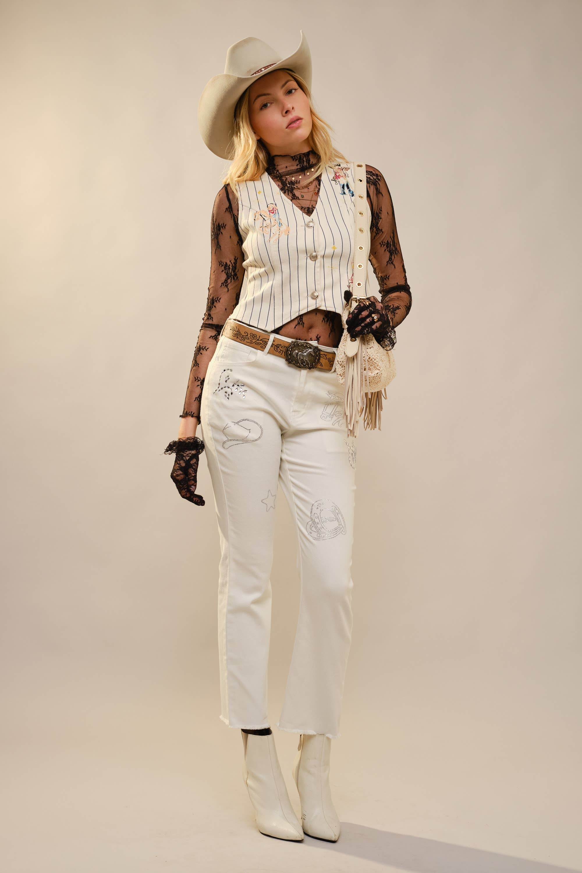 Pinstripe Embroidered Denim Crop Vest
