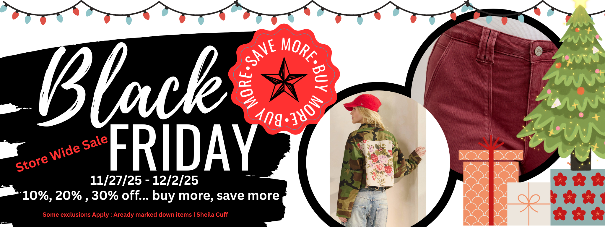 Black Friday sale banner with promotional text and product images.