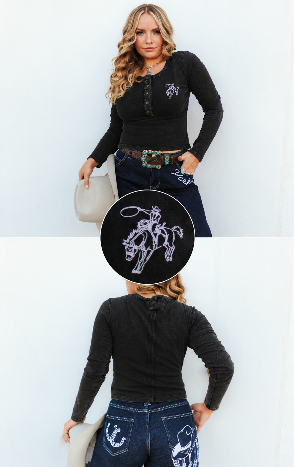 Lucky & Blessed Bronc Rider Henley – Charcoal