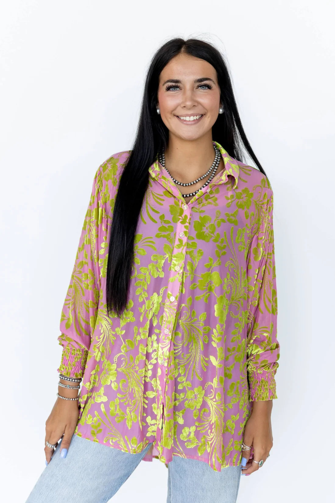PINK LIME VELVET BOHO BLOUSE