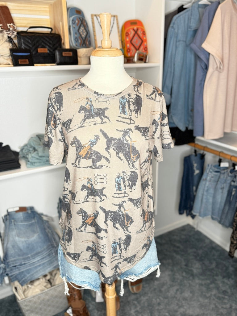 Mannequin wearing a dress with horse print in a clothing store.