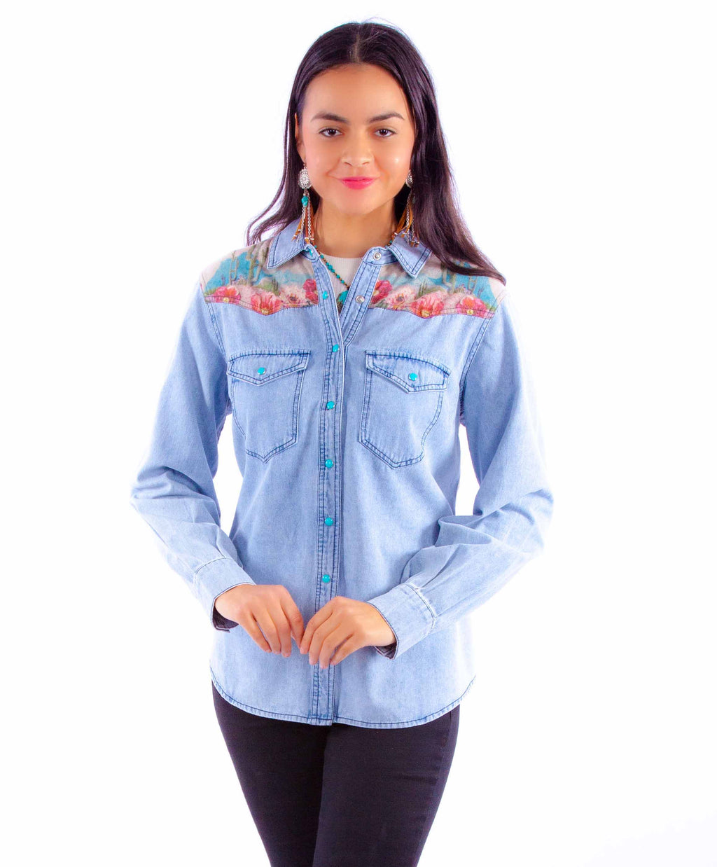 Scully Brand Cactus Print Denim Top