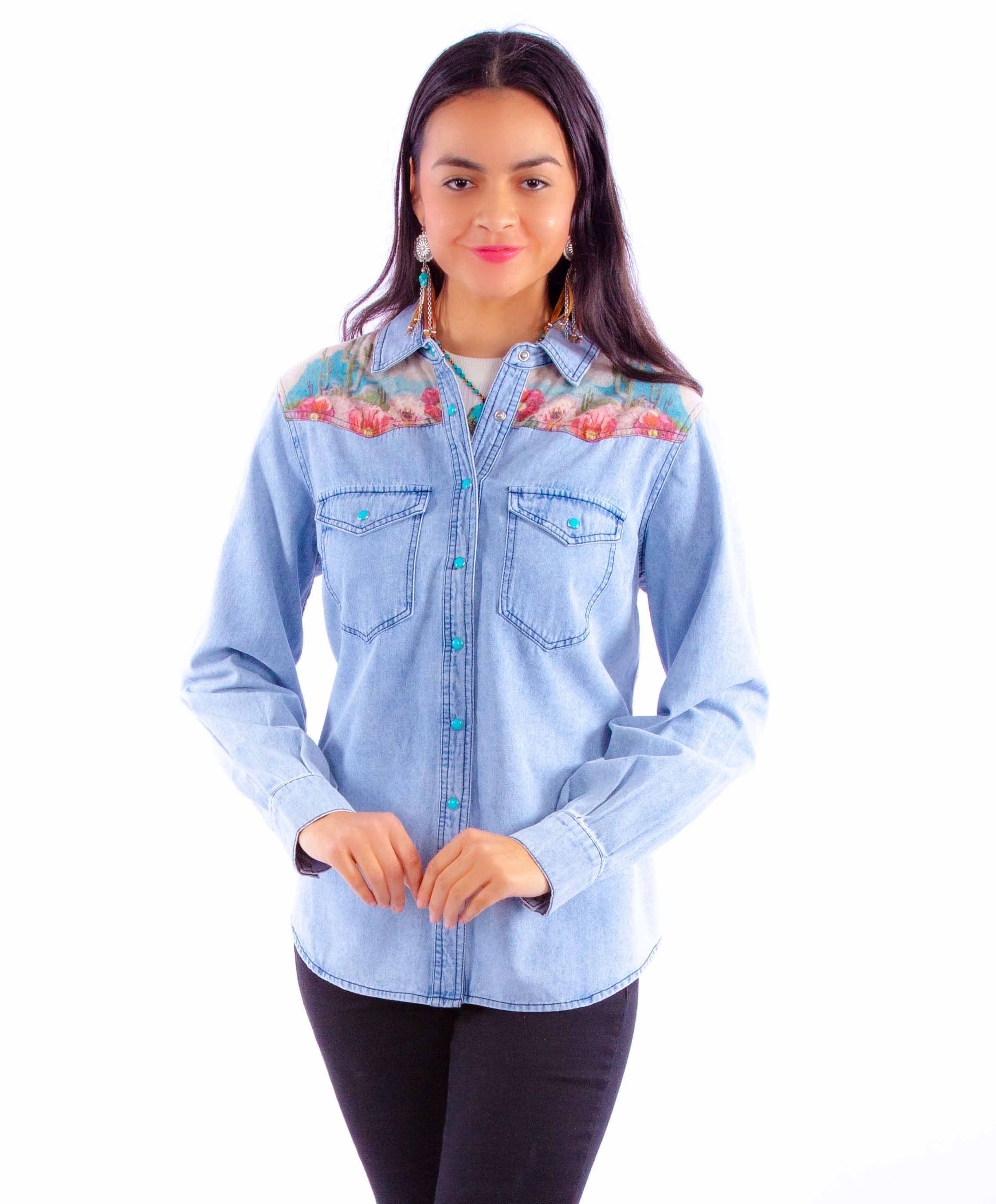 Scully Brand Cactus Print Denim Top