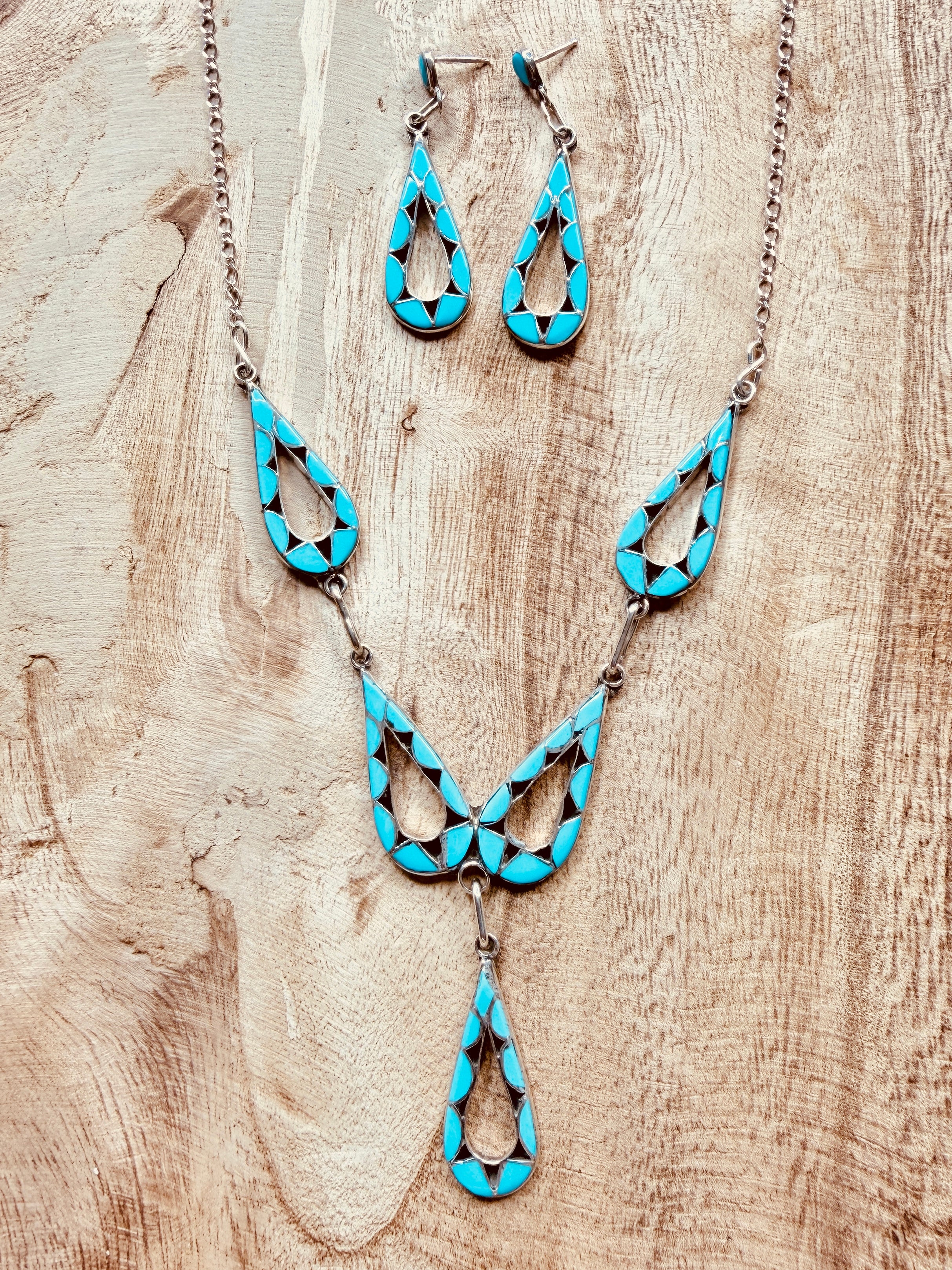 Desert Raindrop Zuni Inlay Necklace and Earring Set By Emma Bowakaty