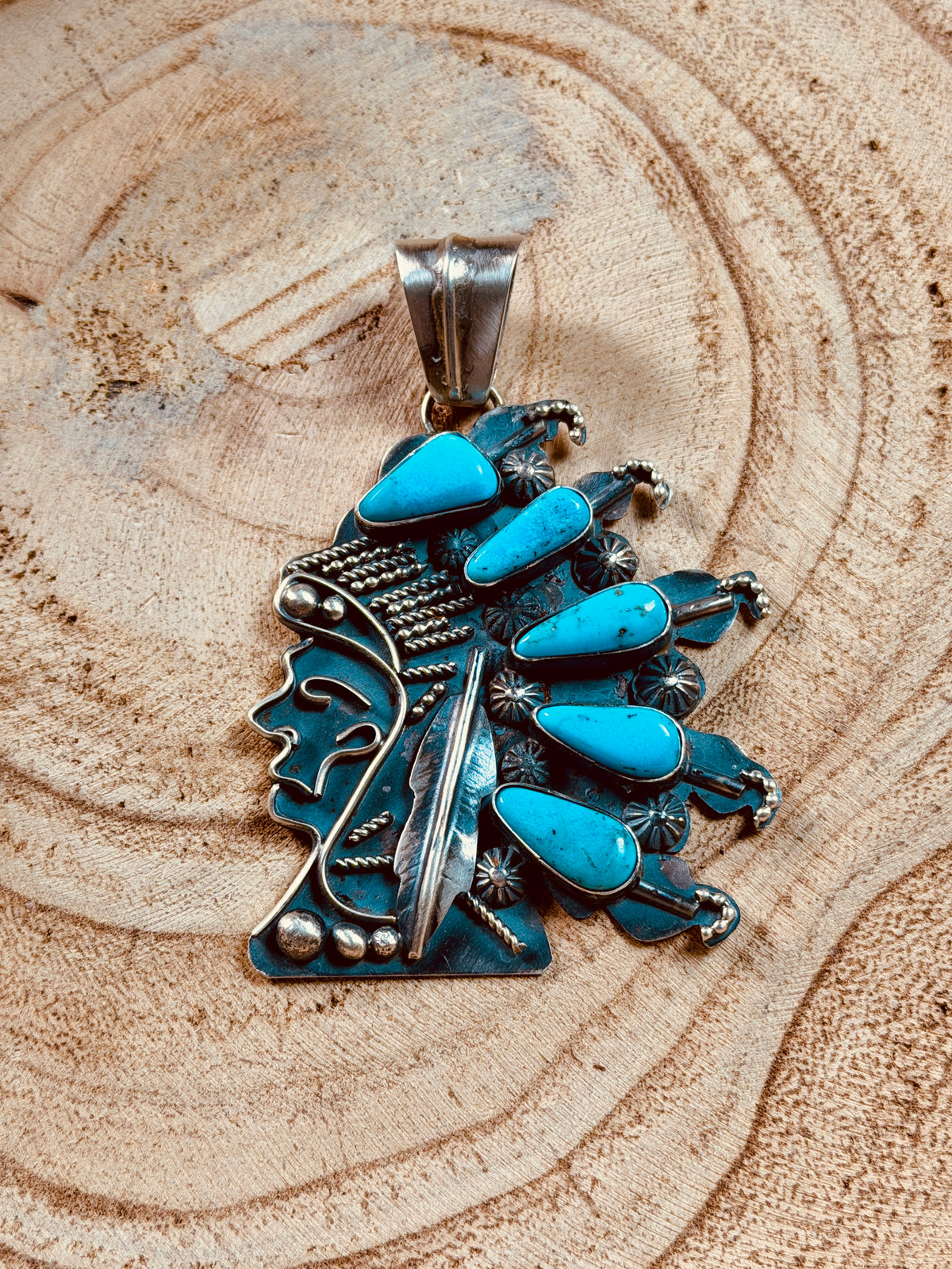 Miranda Willie All Silver with Turquoise Chief Head Pendant