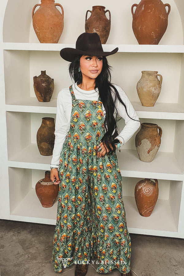 Sage Floral Western Wide Leg Ruffle Jumpsuit