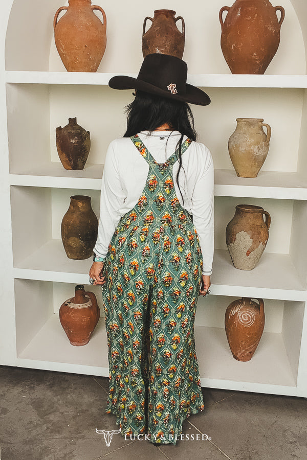 Sage Floral Western Wide Leg Ruffle Jumpsuit