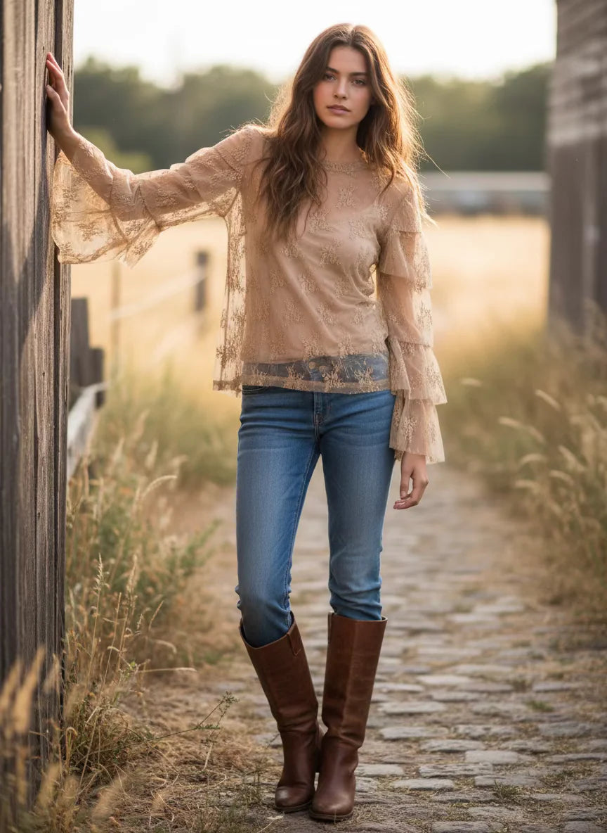 Tan Mesh Ruffle Sleeve Top