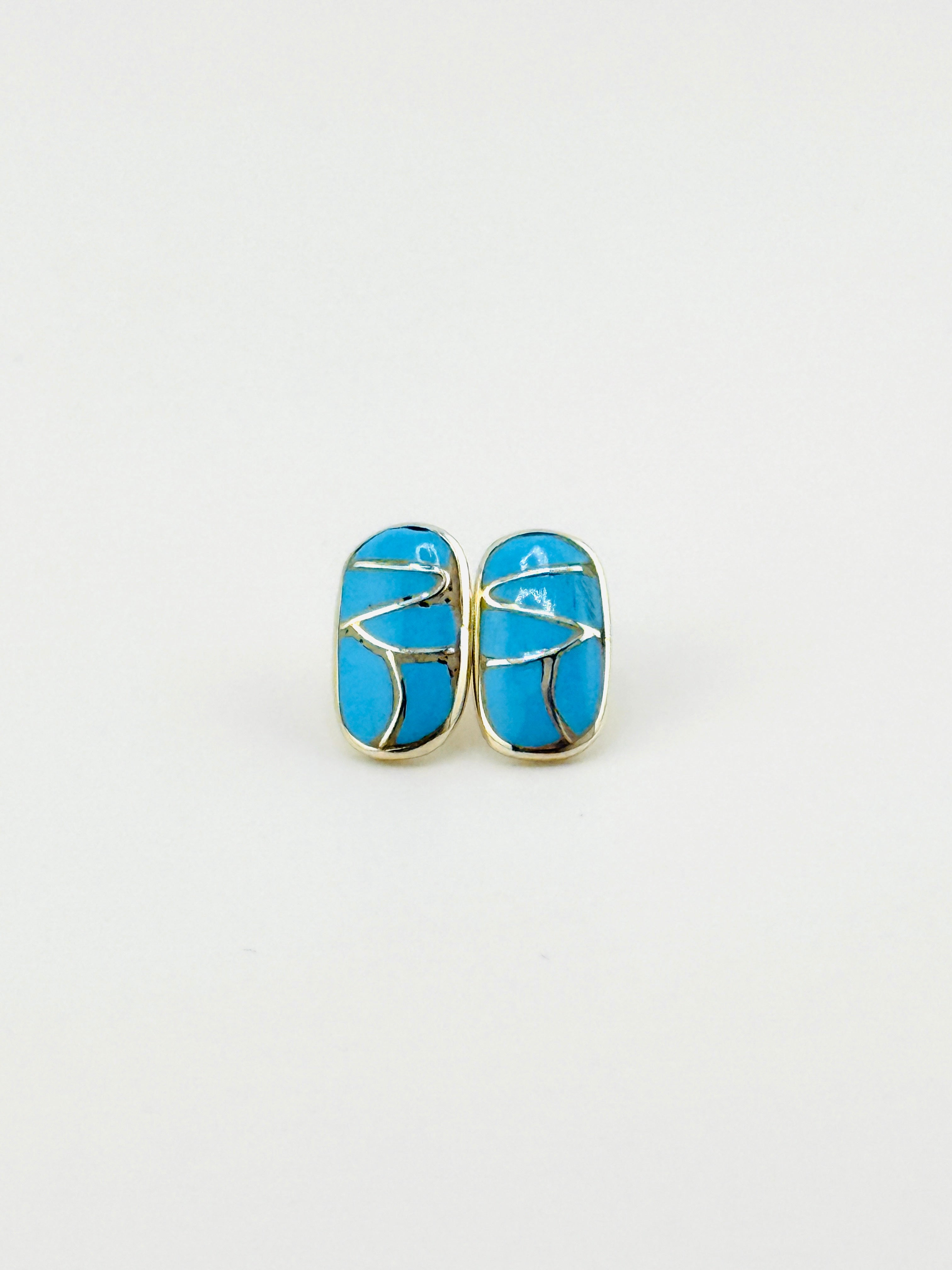 Pair of turquoise stone earrings on a light gray background