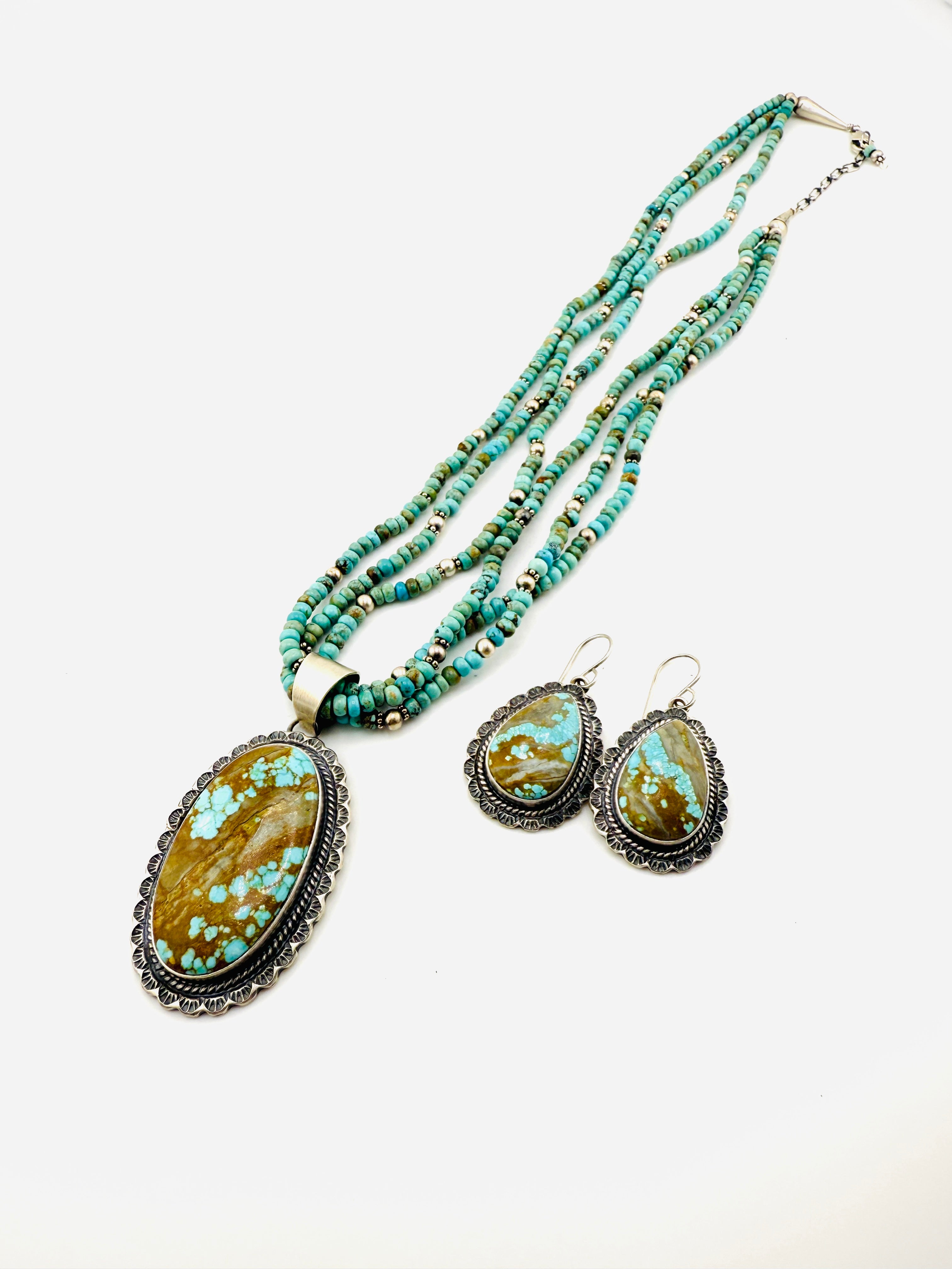 Turquoise beaded necklace and earrings on a white background