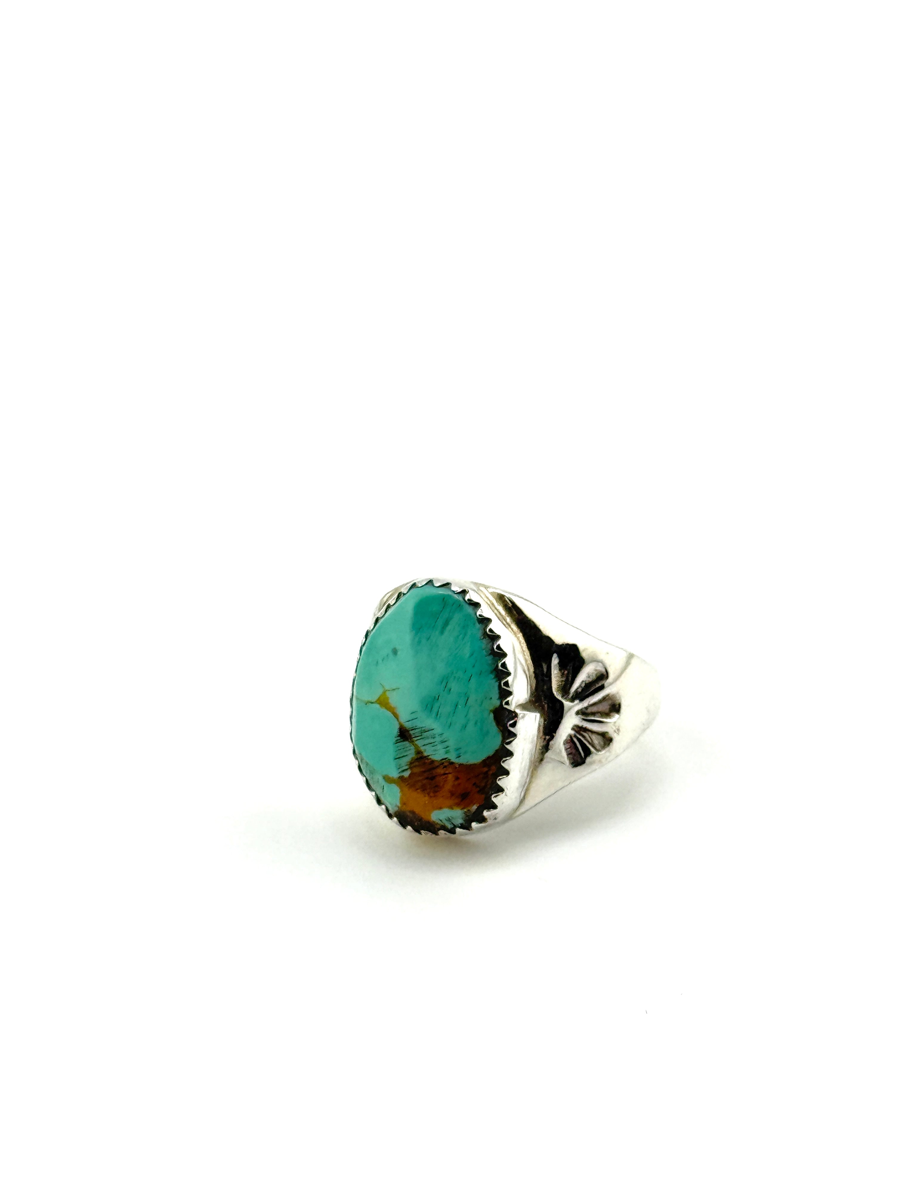 Turquoise stone ring with silver band on a white background