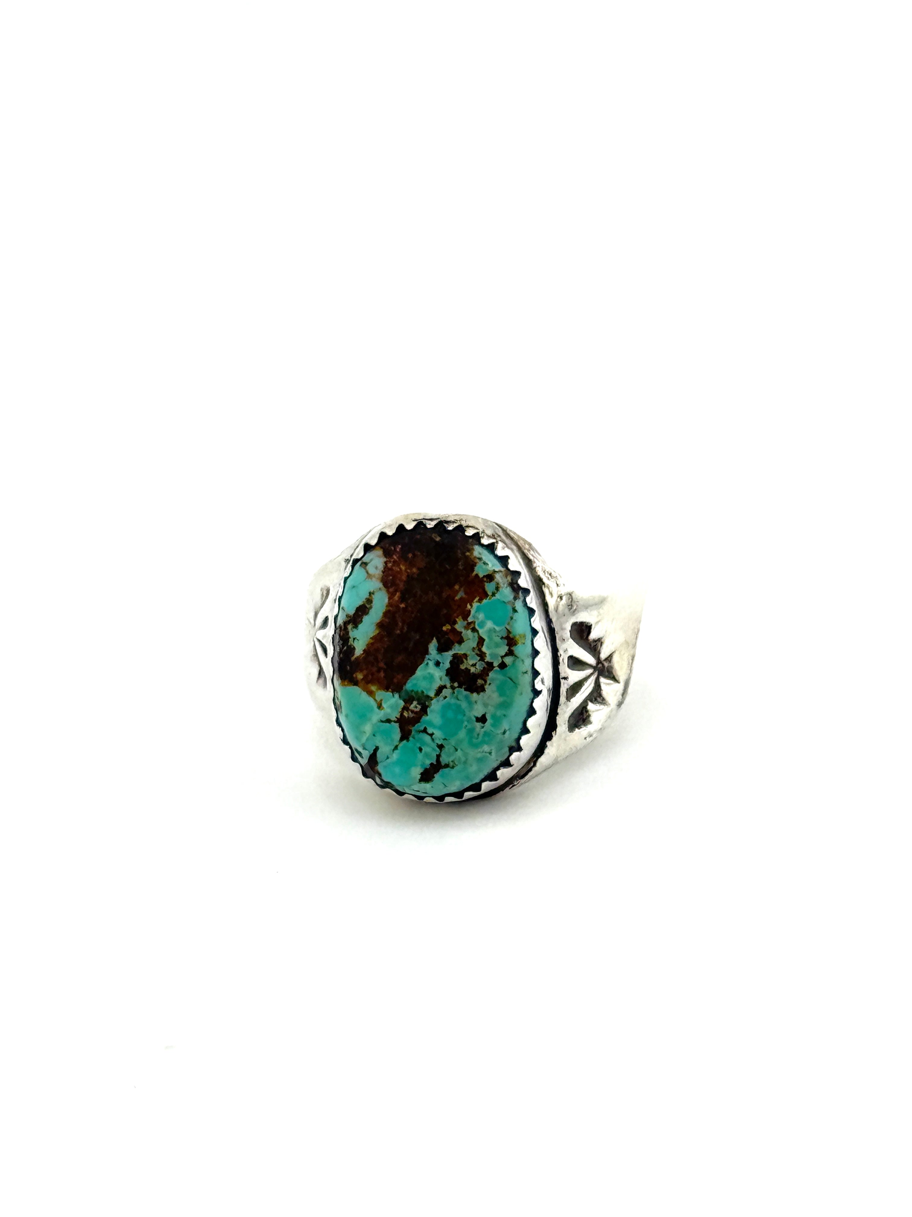 Silver ring with a turquoise stone on a white background