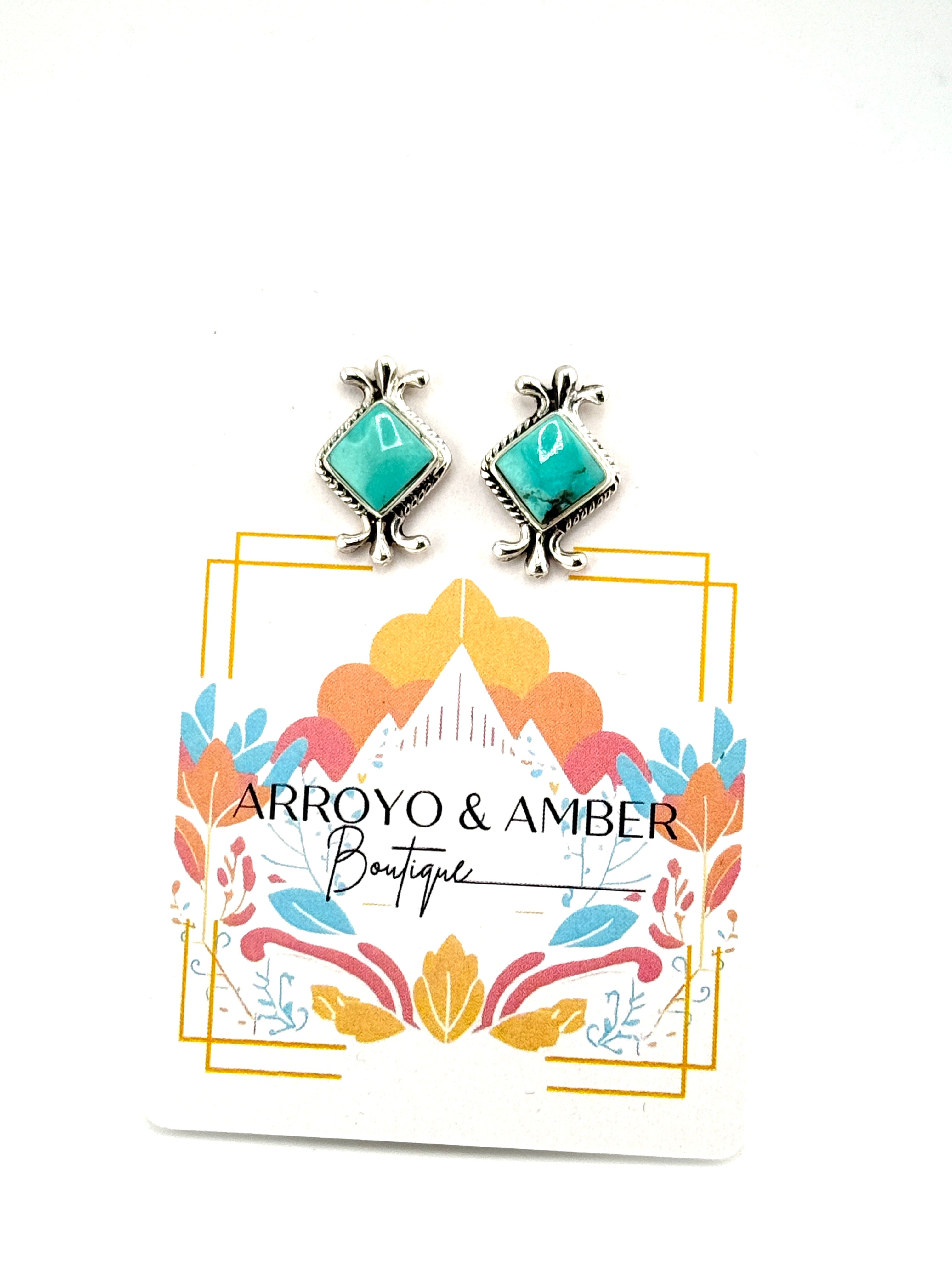 diamond shape kingman turquoise studs in sterling silver