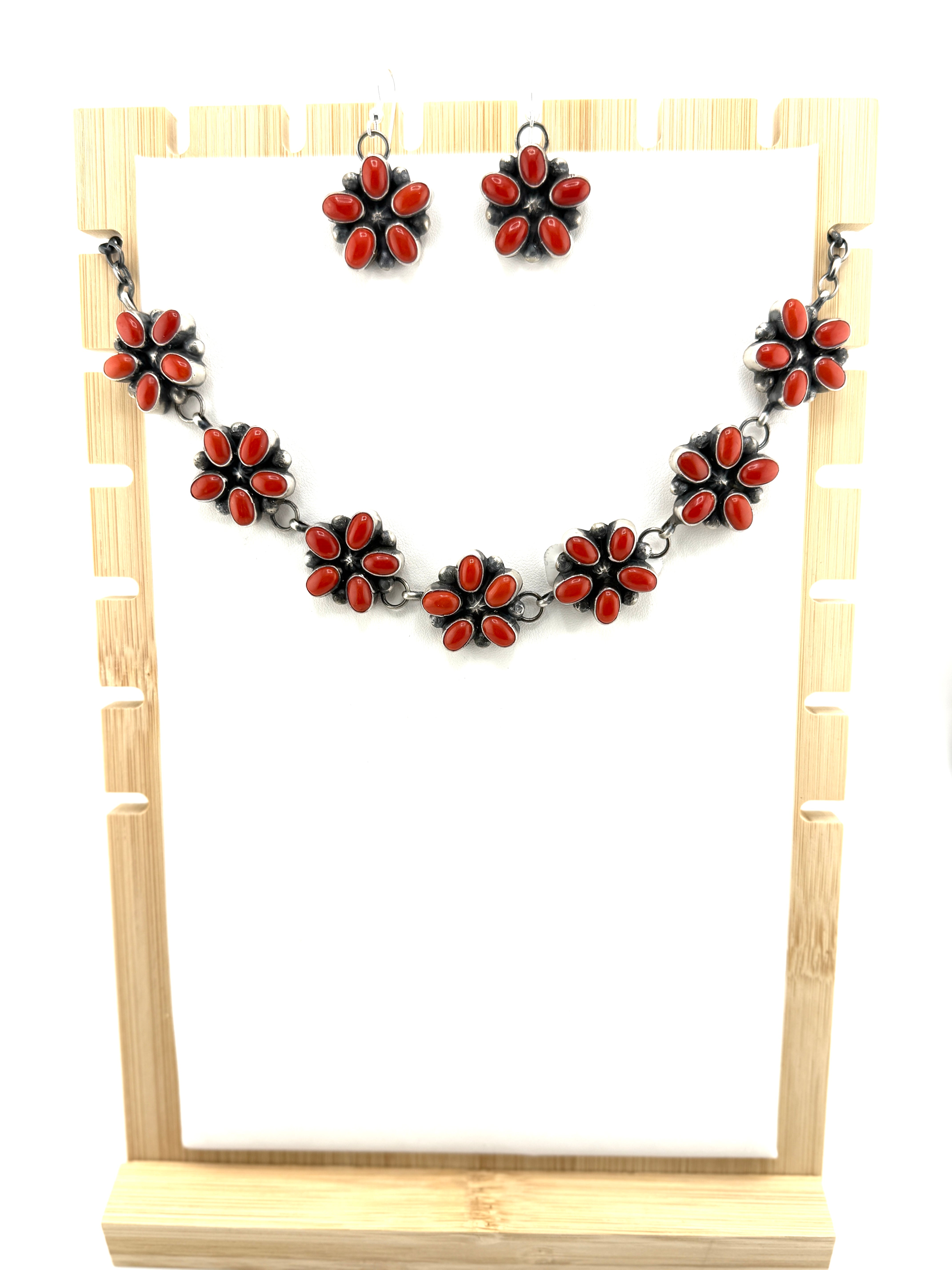 Red coral bead flower choker necklace and matching earrings