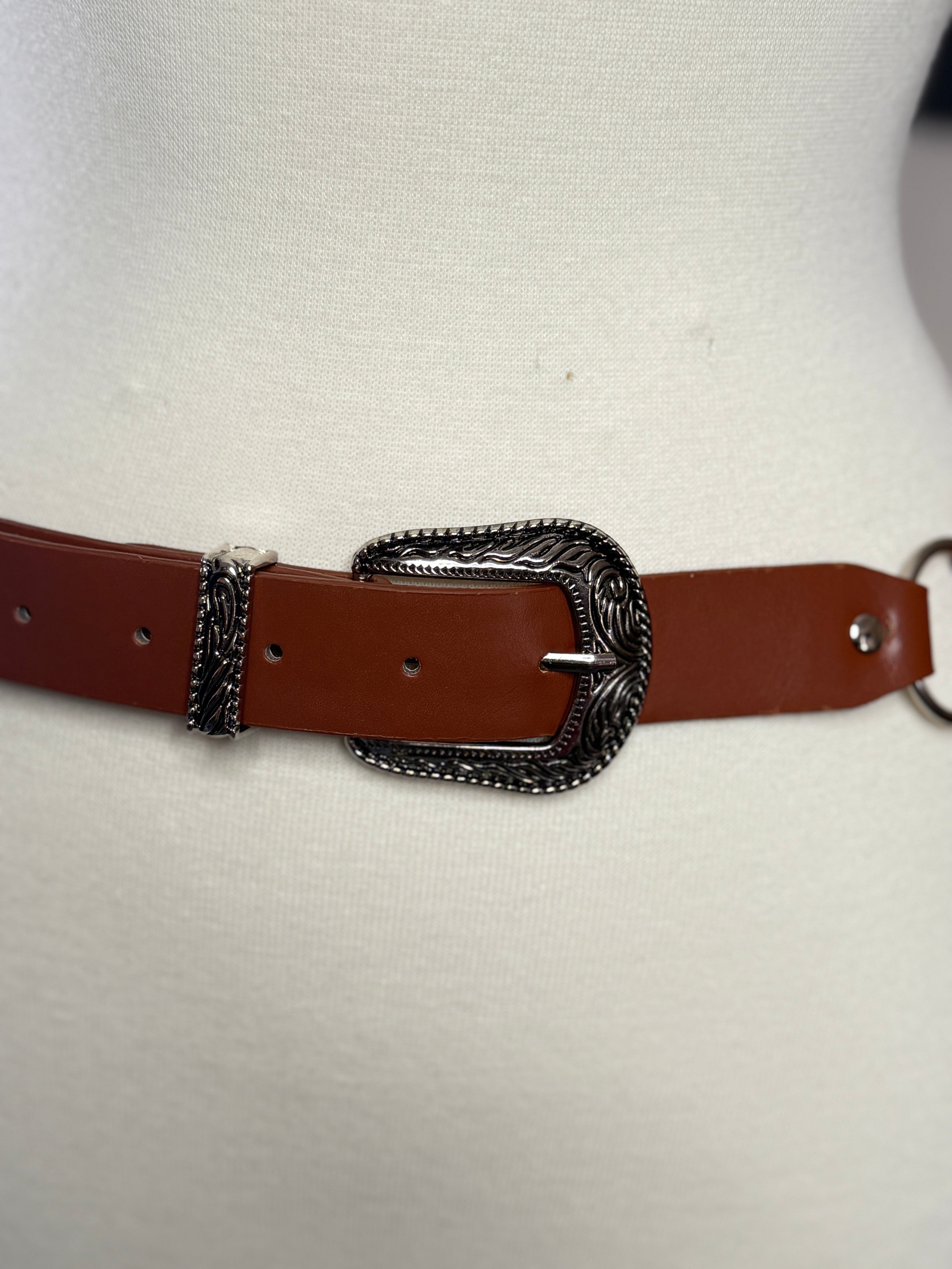 brown belt with silver western buckle