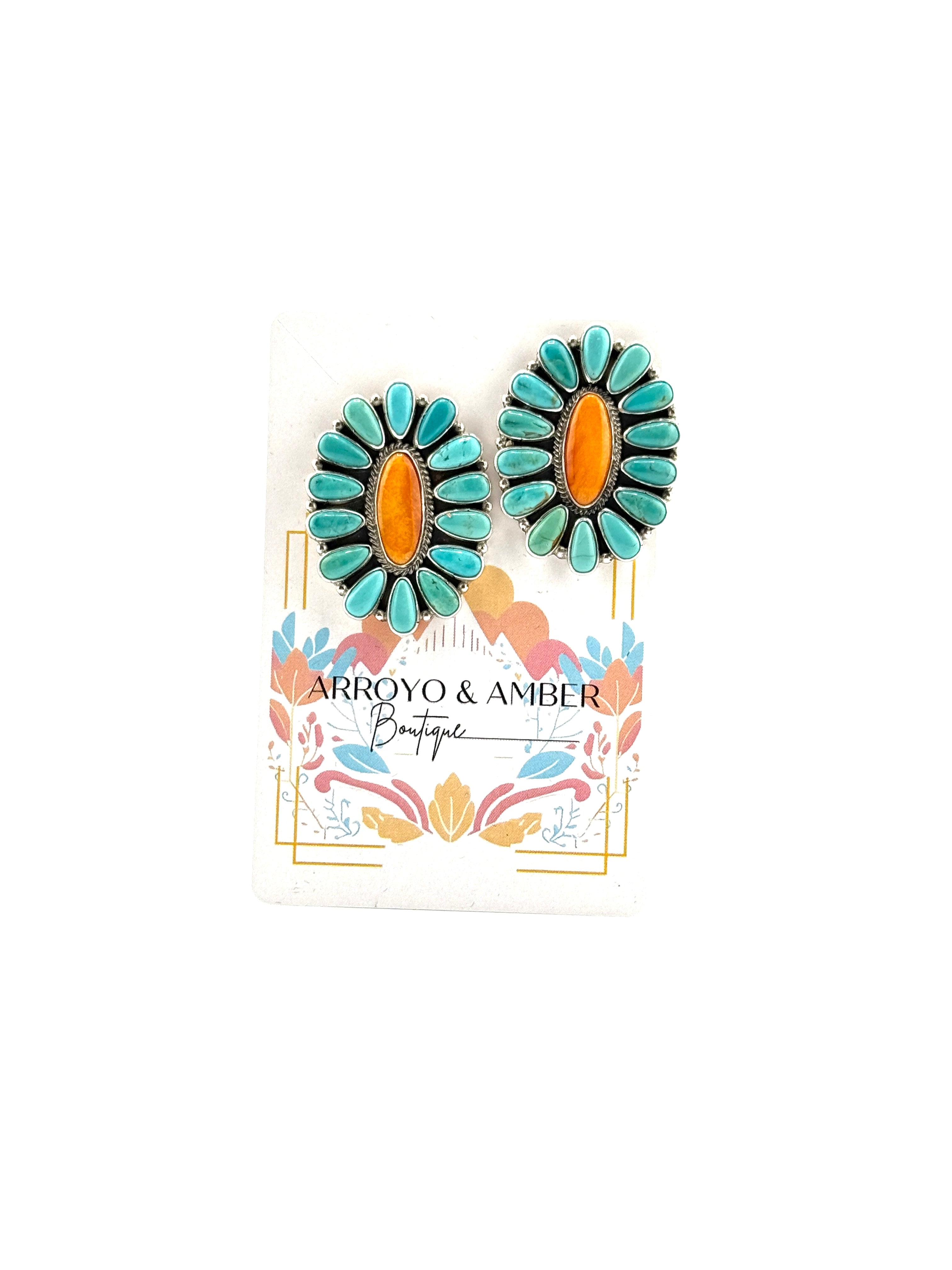 Orange Spiny oyster shell and turquoise oval earrings 