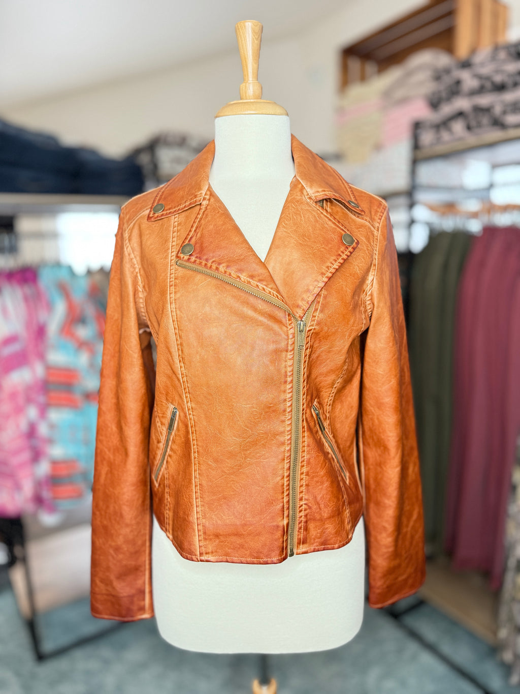 Cognac Crush Vegan Leather Moto Jacket