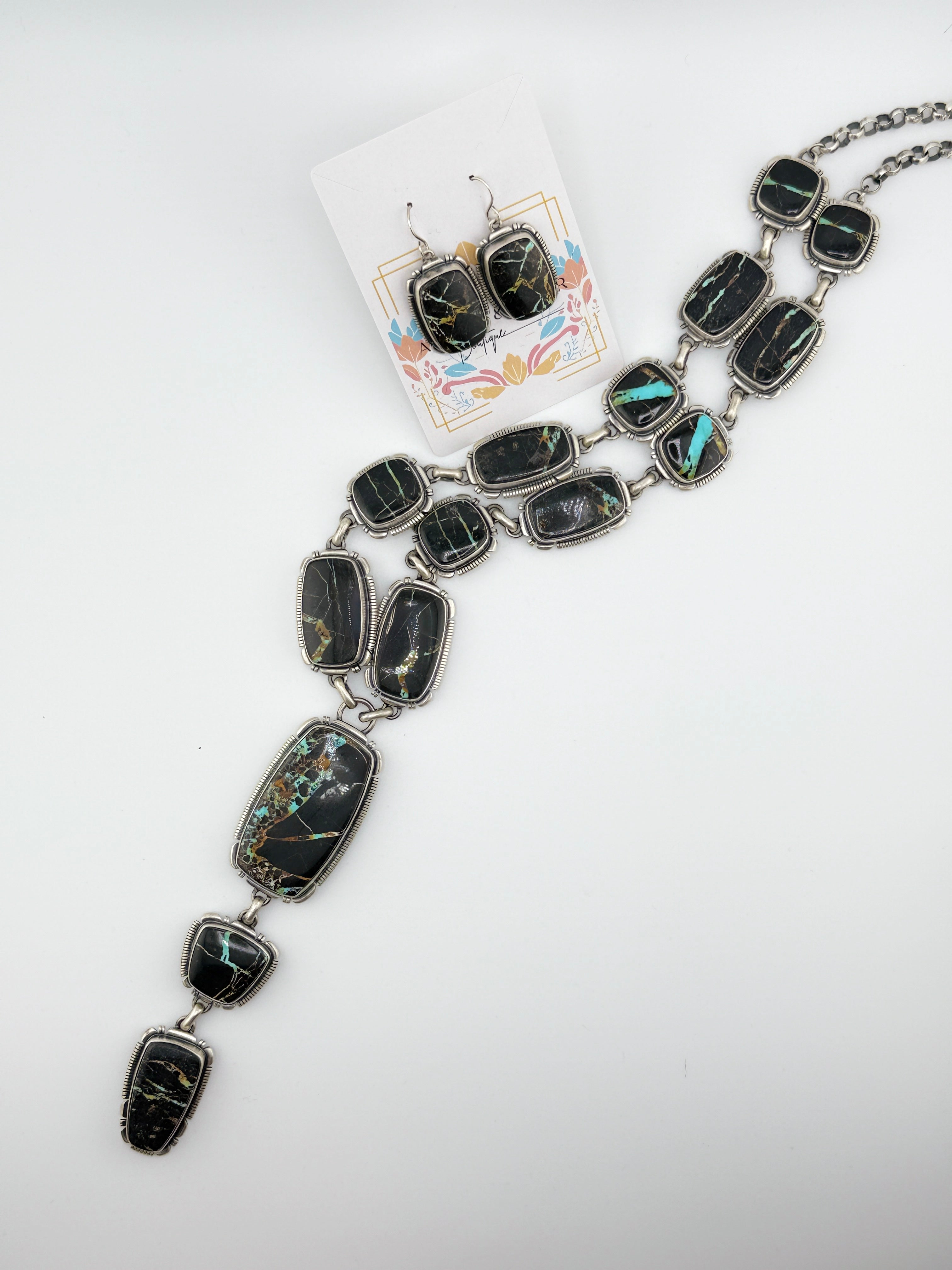 Blackjack lariat necklace and matching earrings - black stones with streaks of blue turquoise