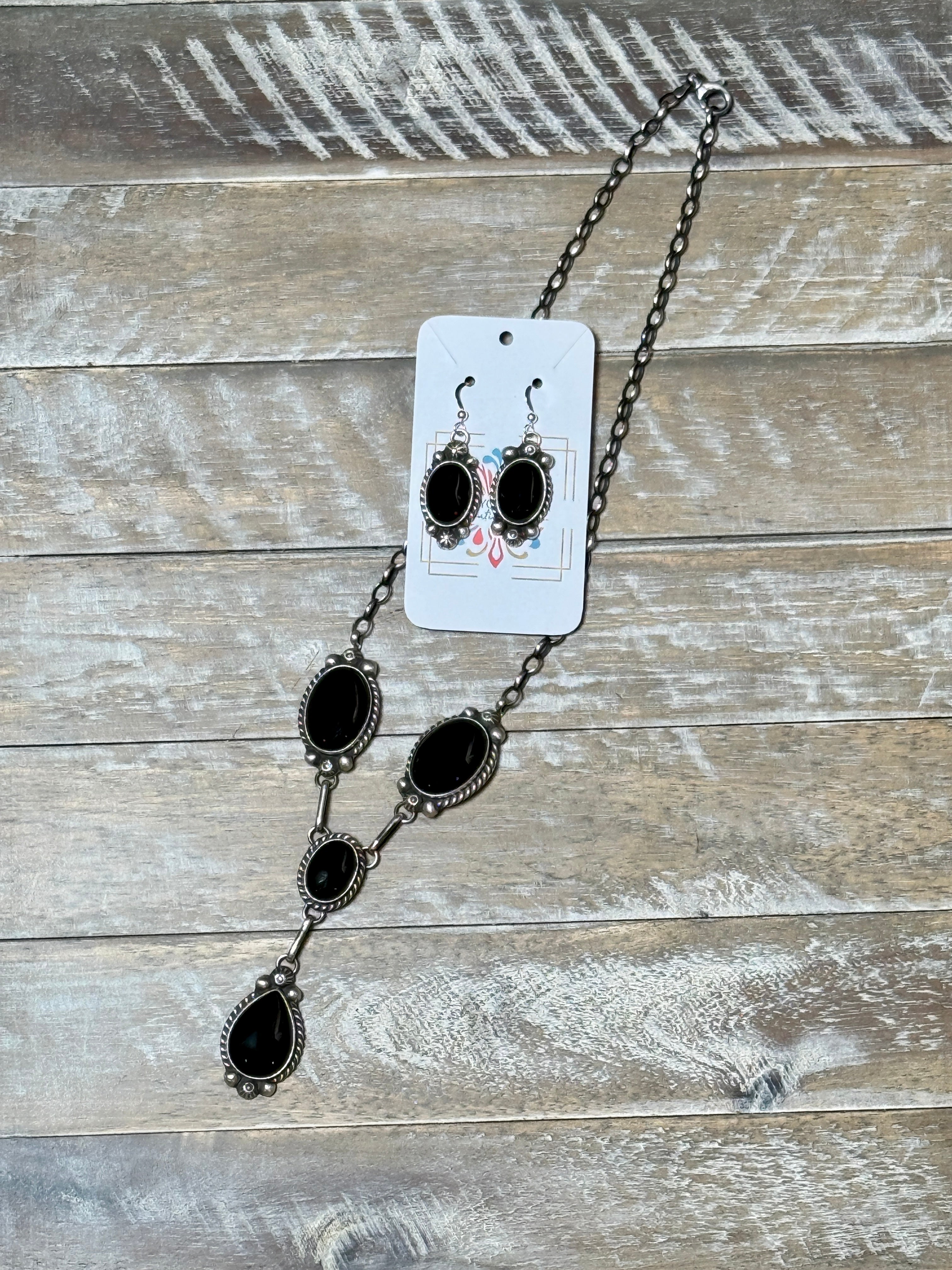 Augustine Largo Black Onyx Lariat Necklace & Earring Set