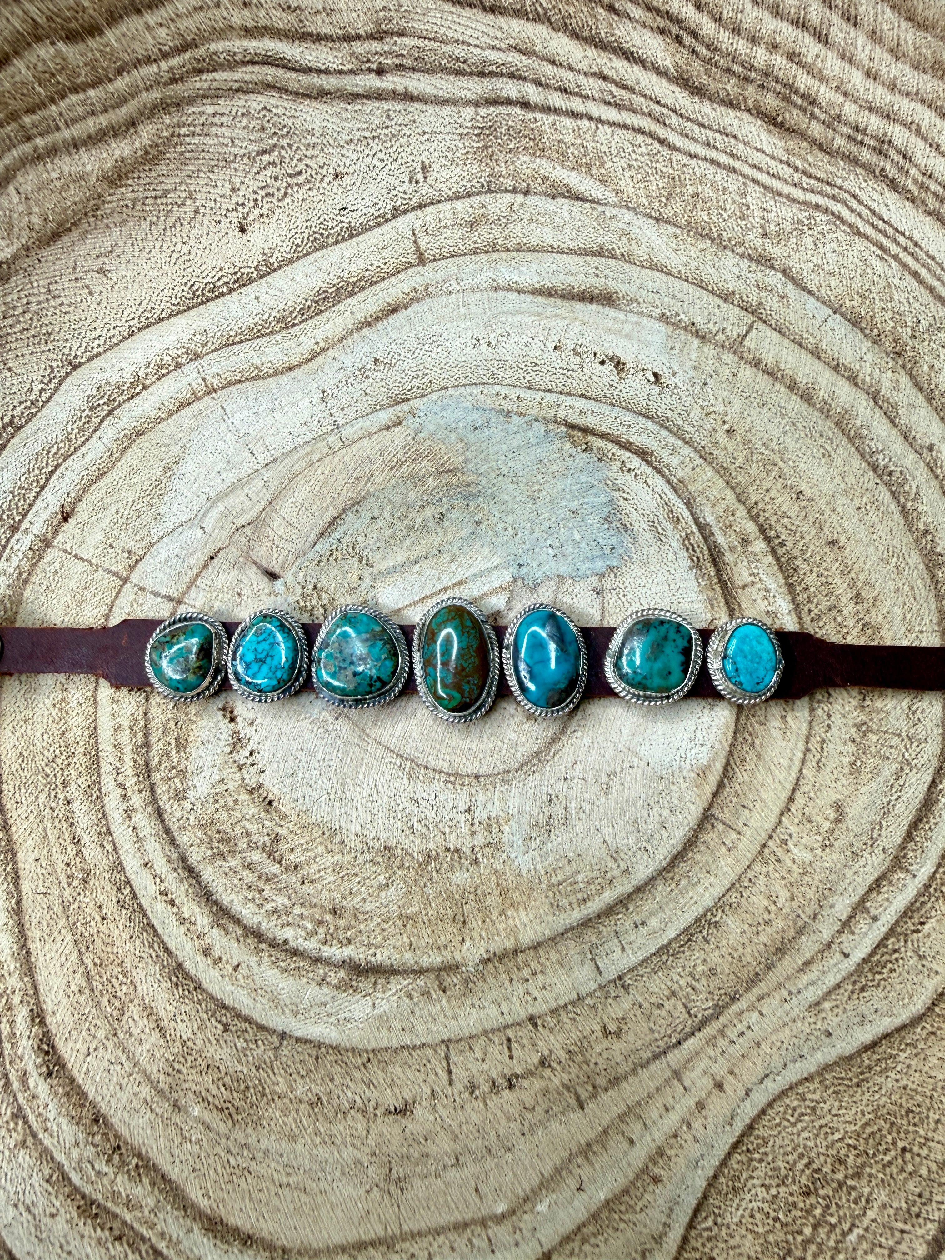Bracelet with turquoise stones on a sandstone surface