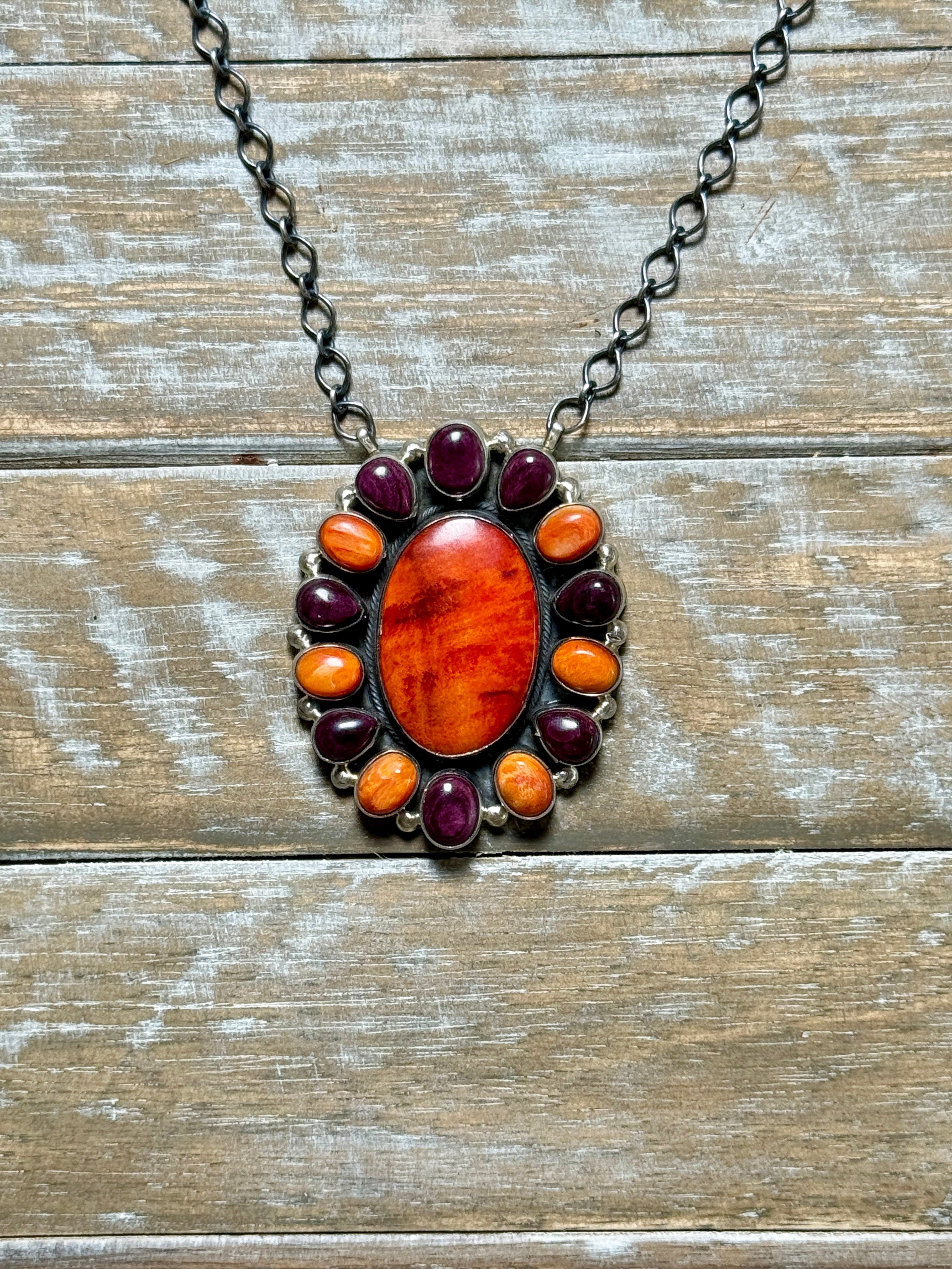 Orange and Purple Spiny Cluster Necklace by Antionette Martinez