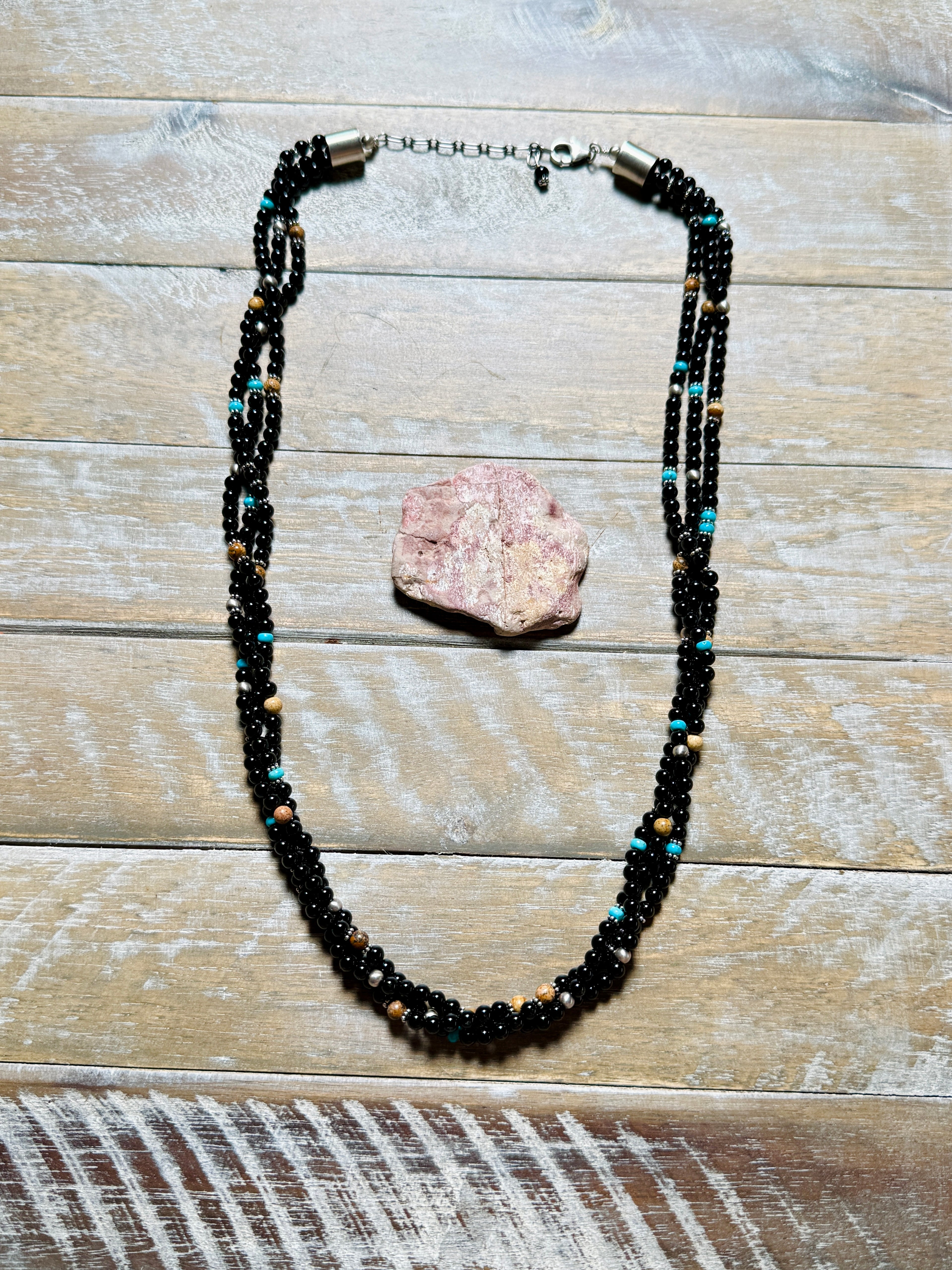 Multi Strand Black Onyx Bead Necklace with Turquoise, Bone Coral and Sterling silver beads
