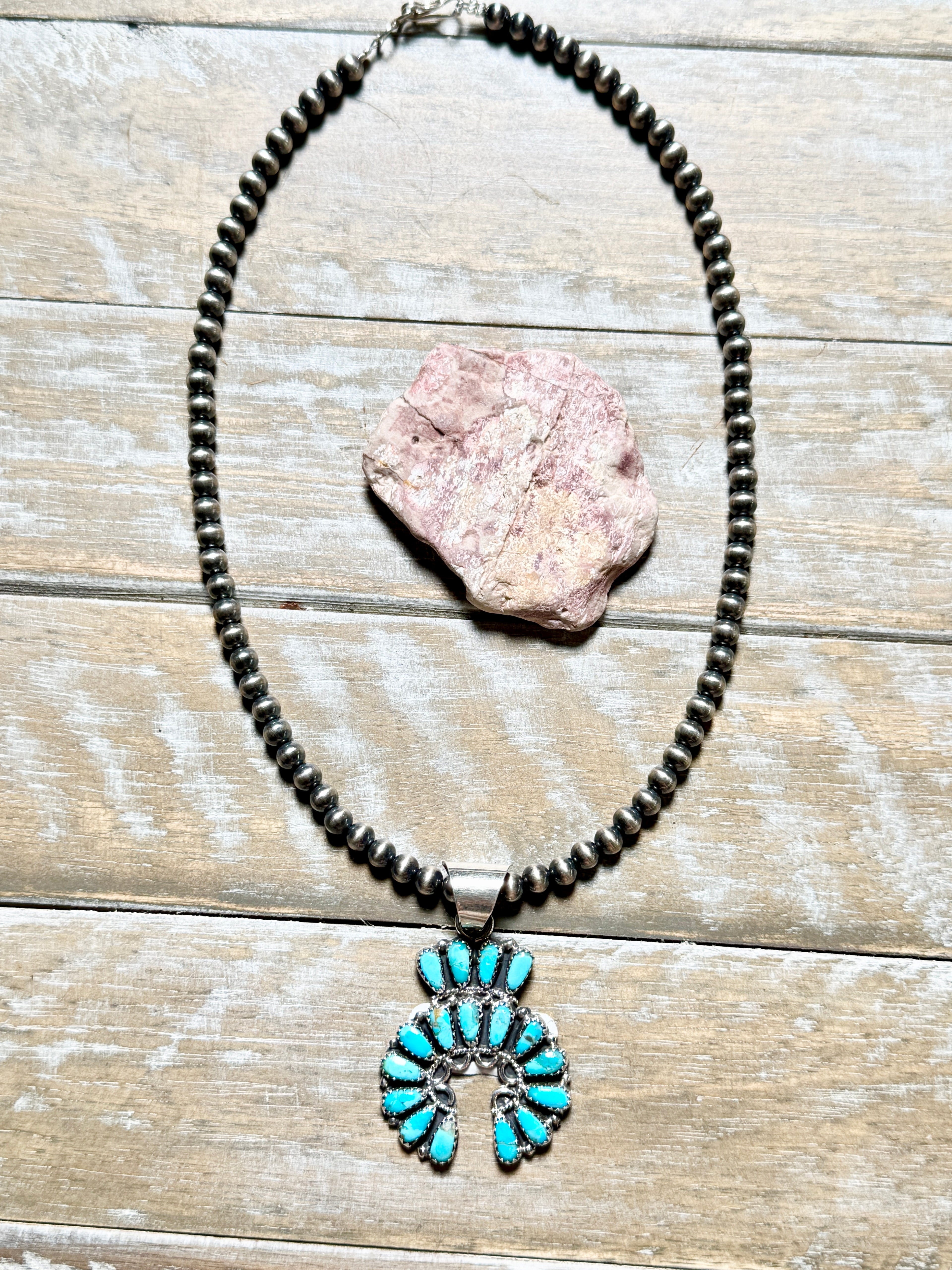Kingman Naja Pendant with 5mm Sterling Silver Pearls by Zeita Begay