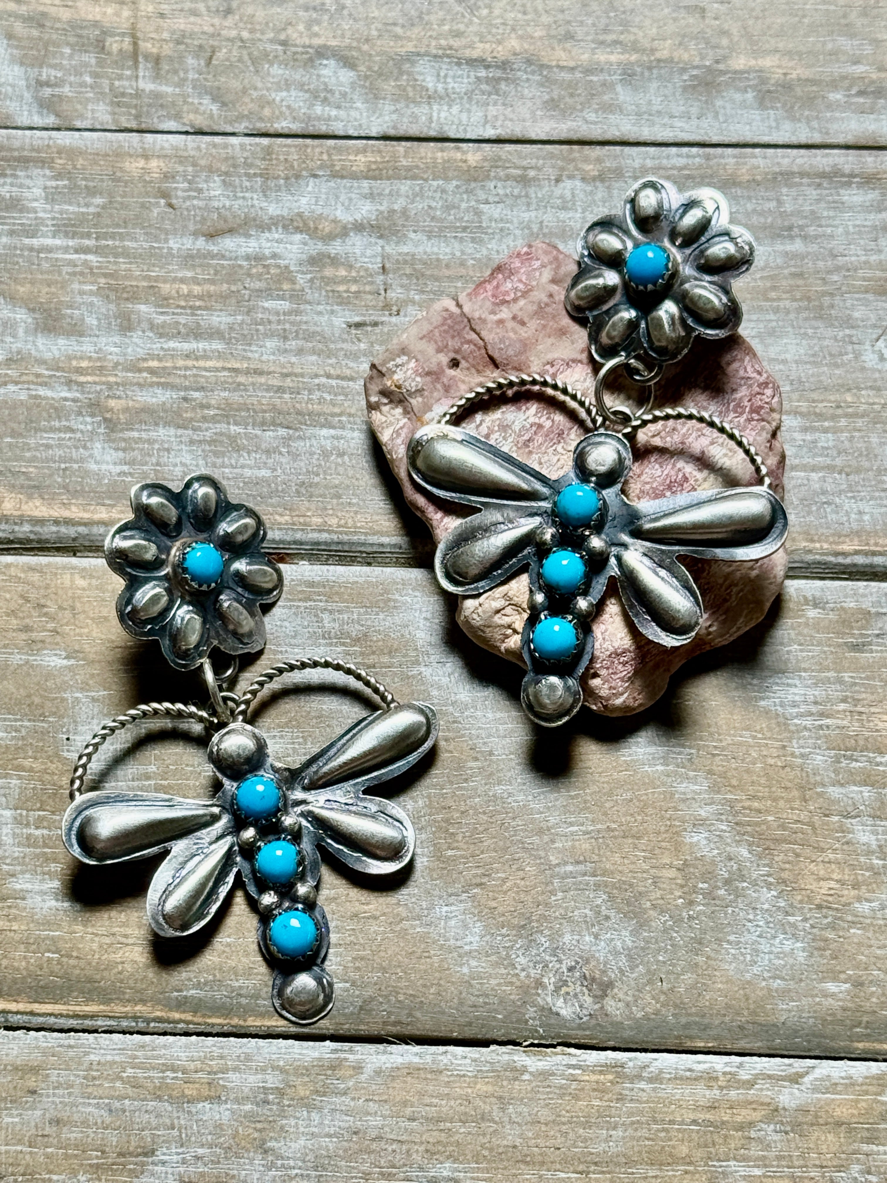 Dragon Fly Reposse Style Earrings with Kingman Turquoise by Gabriele Yazzie