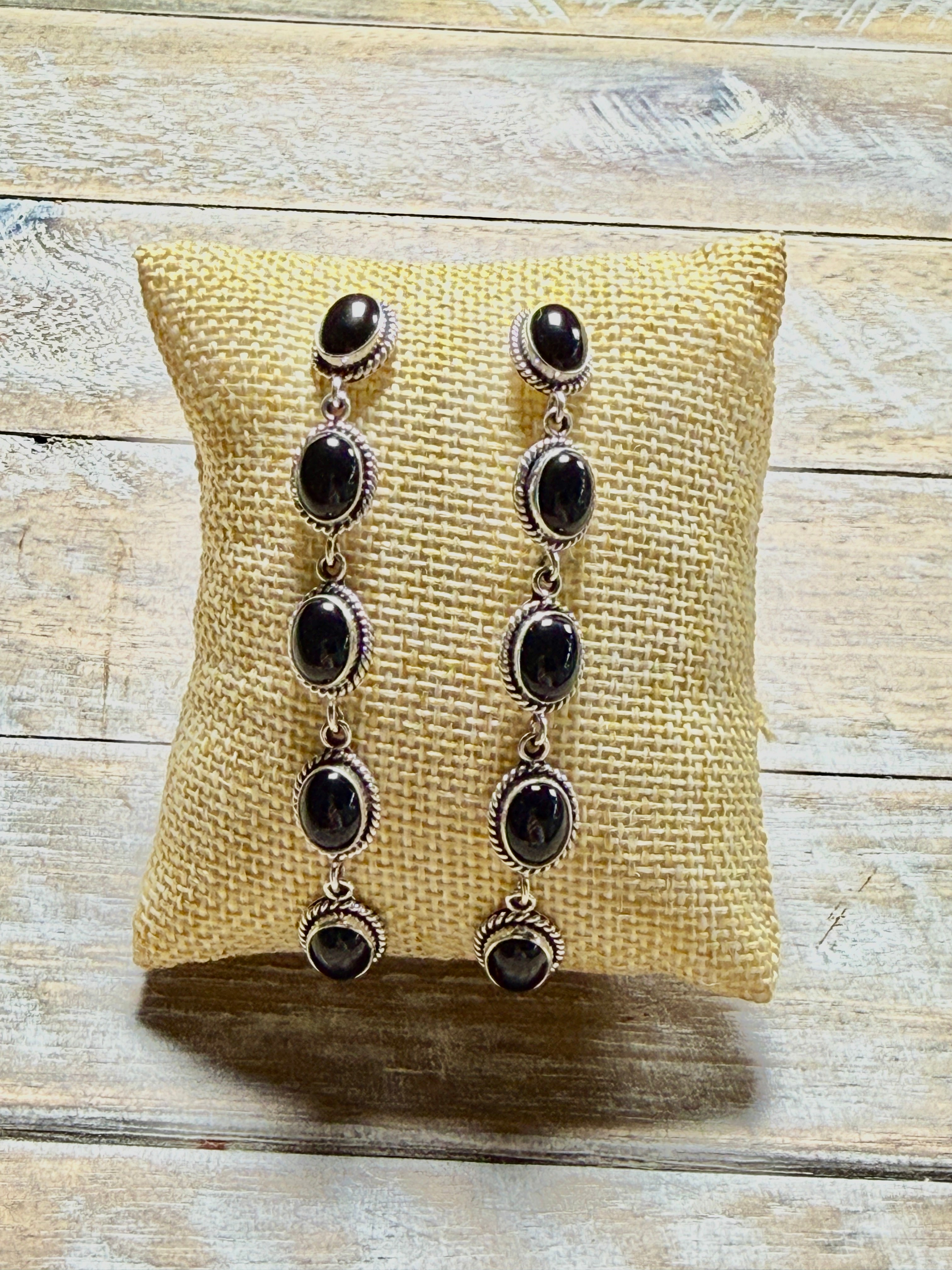Black Onyx 5 Stone Drop Earrings