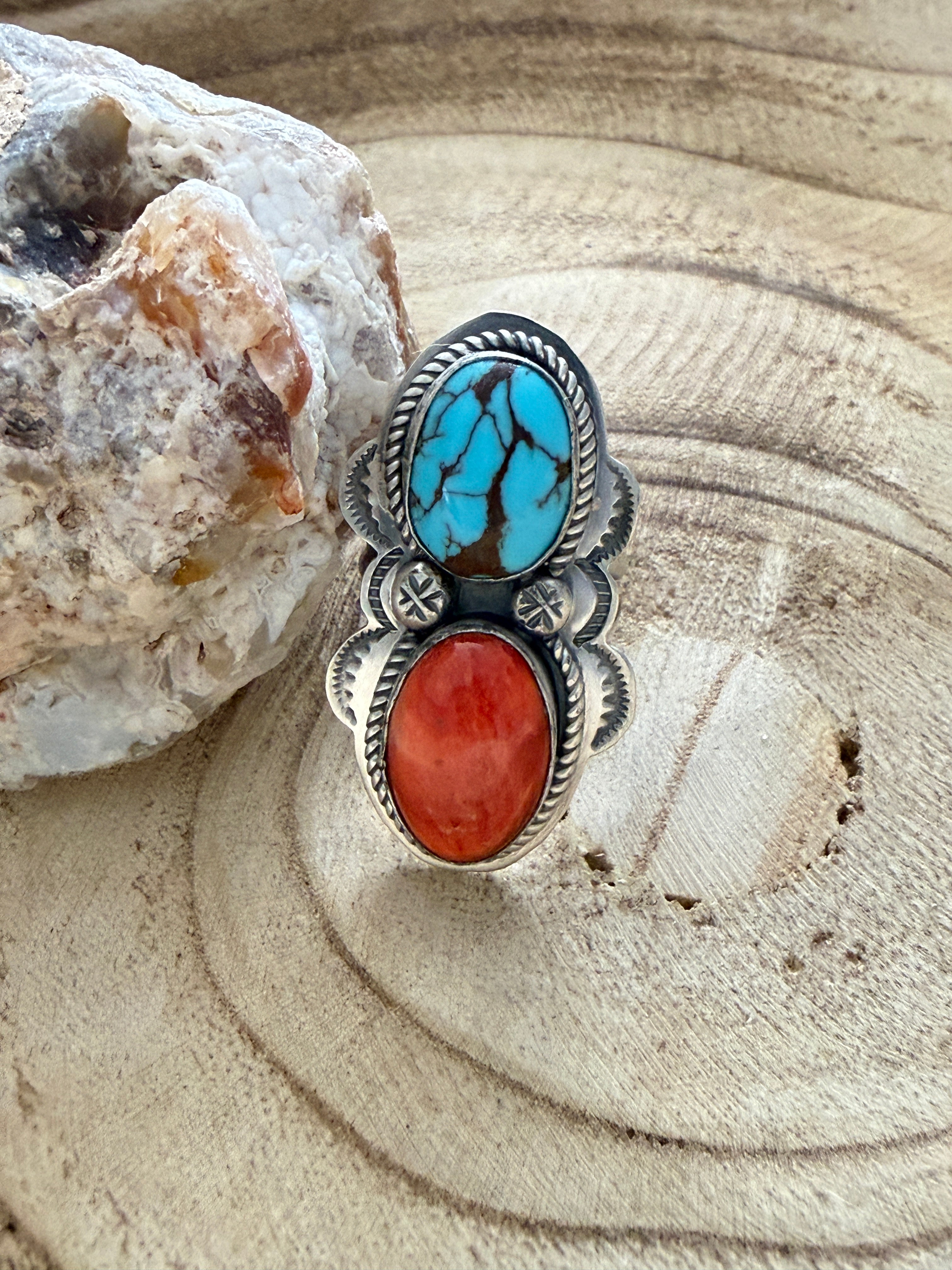 Red Spiny and Prince Turquoise Adj Ring by Boyd Ashely