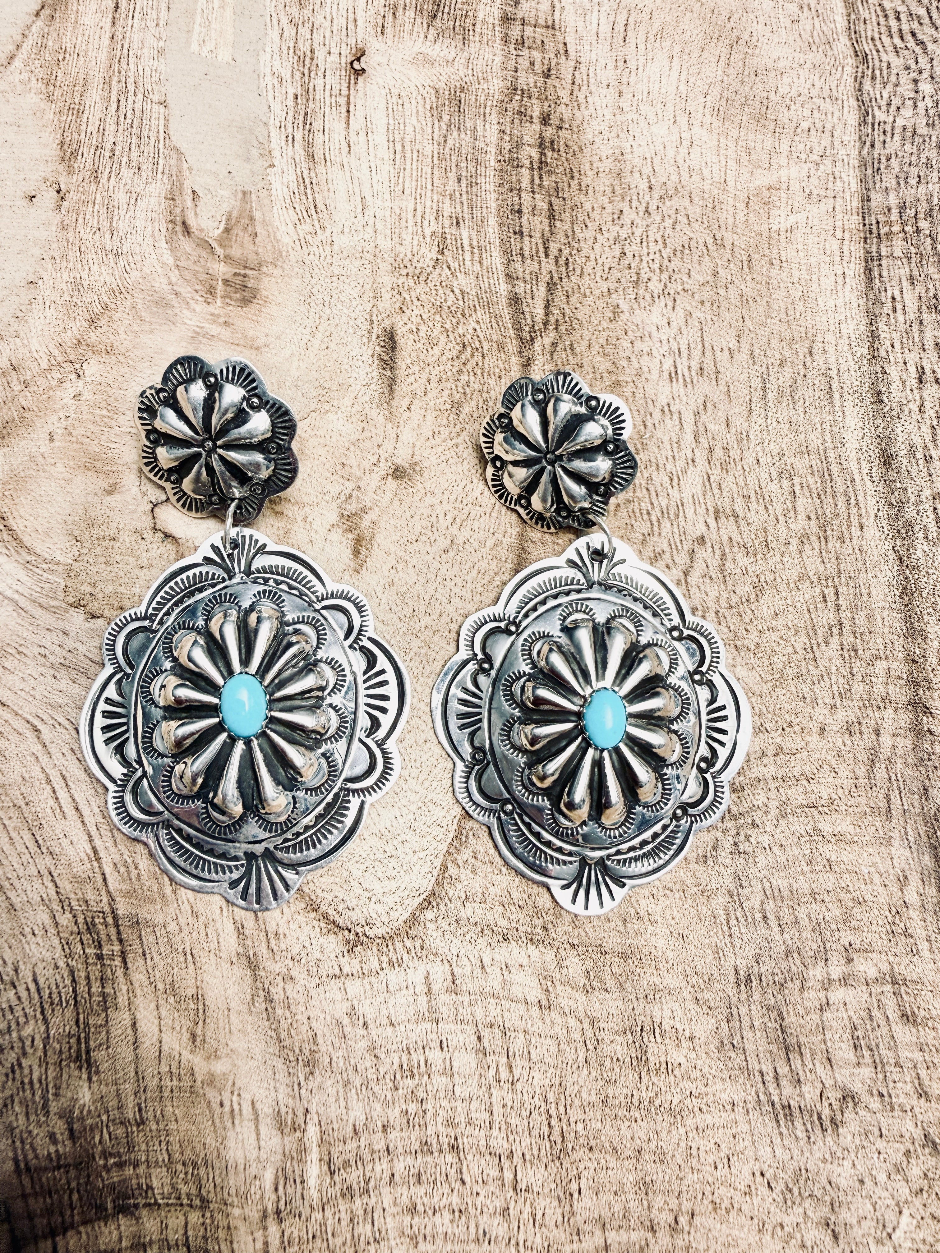 Sterling Silver and Kingman Concho Dangle Earrings
