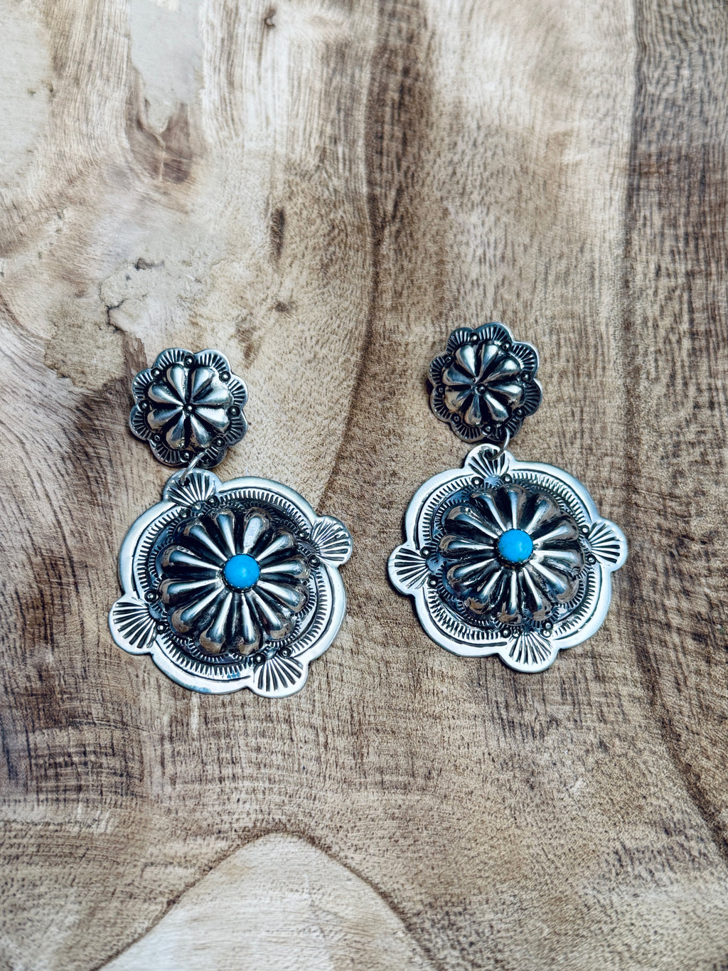 Sterling Silver and Kingman Concho Dangle Earrings